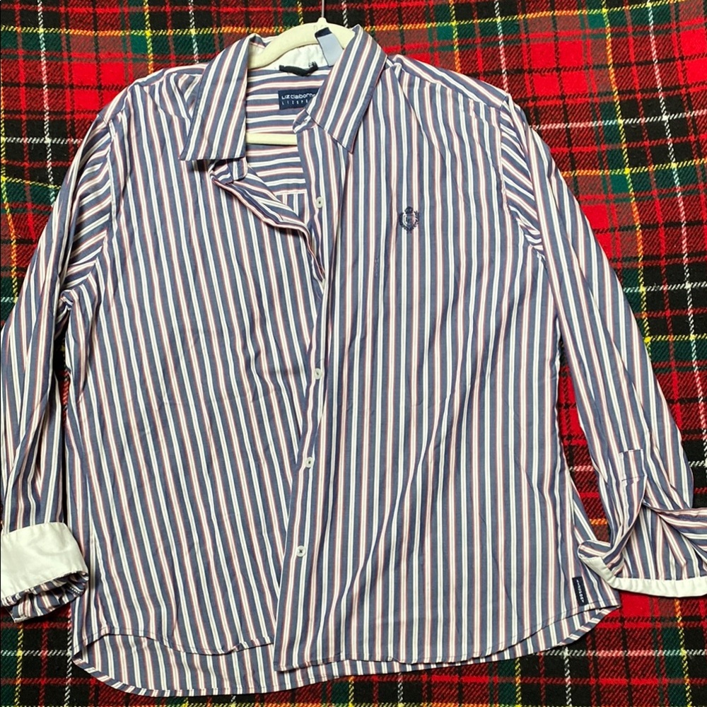 Liz Claiborne Men's Blue and White Striped Shirt